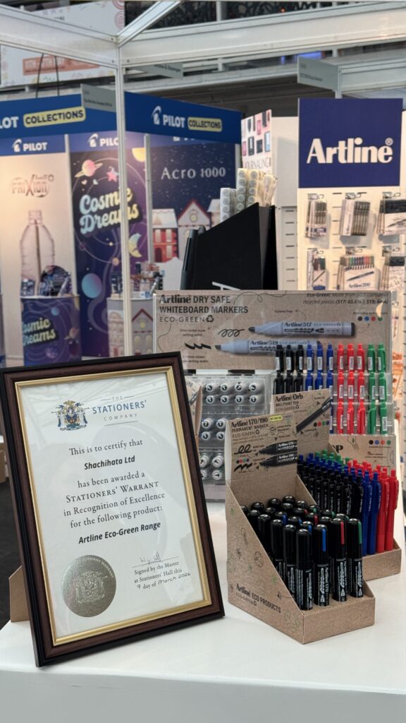 Shachihata Artline ECO-GREEN pens, markers and highlighters were winners of the stationers warrant 2026. We even had our certificate to prove it at London Stationery Show 2026